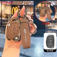 Genuine Leather Zinc Alloy Flip Folding Car Key Case Cover Shell Holder Fob Keychain Accessories For