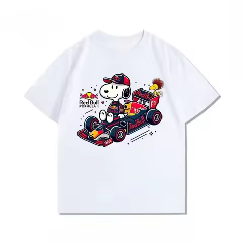 MINISO Snoopy F1 Racing Anime T-shirt Summer Fashion Fun Printed Casual Cotton T-shirt Men Women's L