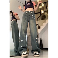 Slimming Retro Star Print High-Waist Jeans - Plus Size, Wide Leg | Ready Stock ✨9933✨