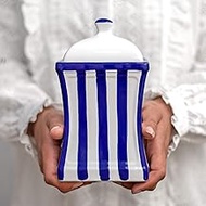 Handmade Dark Navy Blue Stripe Large Ceramic 31.5oz/900ml Kitchen Storage Jar with Lid | Pottery Can
