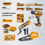 Ingco 3pcs Combo Kit 20V Brushless Cordless Drill | Li-Ion Vacuum Cleaner | Oscillating Multi-Tool S
