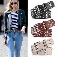 Double Hole Belt Woman Punk Hip Hop Rock Style Subculture Y2K Belt Punch Metal Buckle Rivet Leather 
