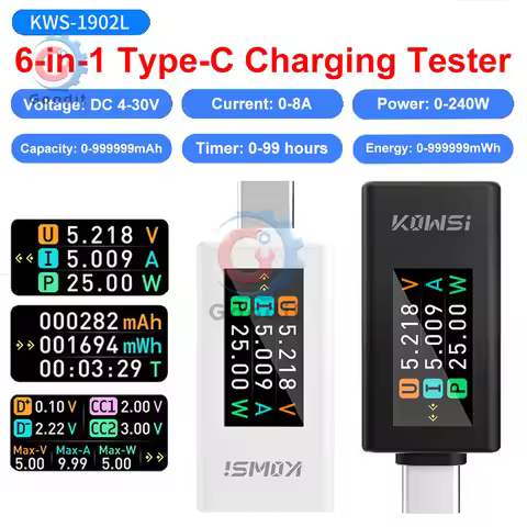 6-in-1 DC4-30V 0-8A Voltage Ammeter Power Capacity Meter 0.96″ TFT Screen Type-C Cell Phone Charging