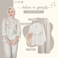 One Set 3in1 Elegant Hijab | Blouse + Culottes + Hijab Bella Square | Simple Coffee - AM40N