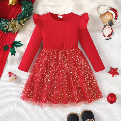 Fashionable Christmas Sparkling Dress Long Sleeve Flutter Sleeve Star Mesh Dress New Year's Holiday 