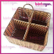 4-compartment tray with rattan handle (18x18x8cm)