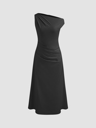 Cider Asymmetrical Neck Solid Ruched Maxi Dress