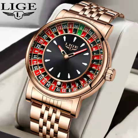 LIGE New Rose Gold Rolling Pointer Magnetic Force Men Quartz Watches Casual Business Waterproof Lumi