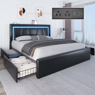 Full Size Bed Frame with 4 Storage Drawers  Upholstered Platform Bed with Adjustable Headboard