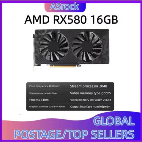 AMD Radeon RX 580 16GB 2048SP Gaming Graphics Card, GDDR5 256-bit PCI-E 3.0 ×16 GPU, RX580 16G Video