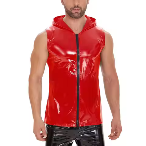 Plus Size 7XL Mens Shiny Leather Tank Top Full Zipper Glossy PVC Leather T-Shirts Sleeveless Shaping