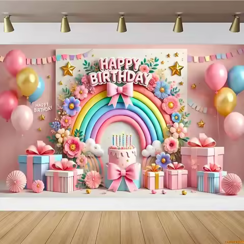 Pink Birthday Photography Backdrops Props Castle Balloons Rainbow Children's Girl 3D Party Baby Phot