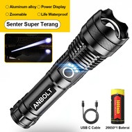 Anbolt Senter LED Super Terang Jarak Jauh 90000 lumens Zoomable Senter Tahan Lama Anti Air USB C Rec