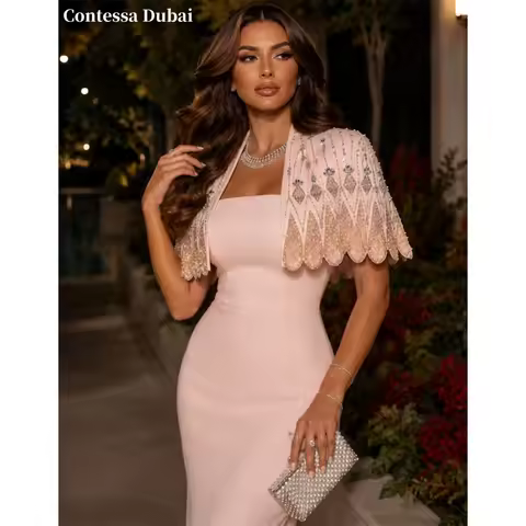Contessa Custom Blush Pink Strapless Evening Dress Crepe Crystal Prom Dresses Mermaid Vestidos De No
