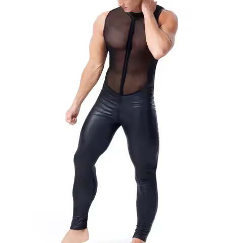 Men Patent Leather Mesh Splicing Jumpsuit Latex Lingerie Bodysuit Zipper Open Crotch Catsuit Stretch