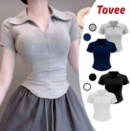 Short-Sleeve T-Shirt with Zipper Collar Tear Drop Flap Long Ribbed T-Shirt DD52, Women's Bodycon Pol