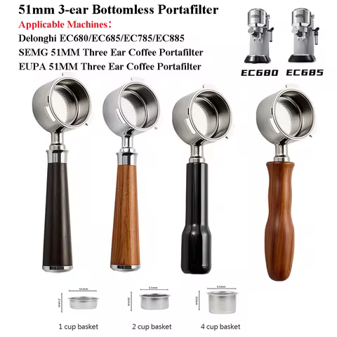 51mm Naked Coffee Portafilter For Delonghi EC680/EC685/EC785/EC885 Stainless Steel Coffee Handle Wit