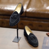 British รองเท้าหนัง Tassel Belgian Loafer Shoes Suede (Black)