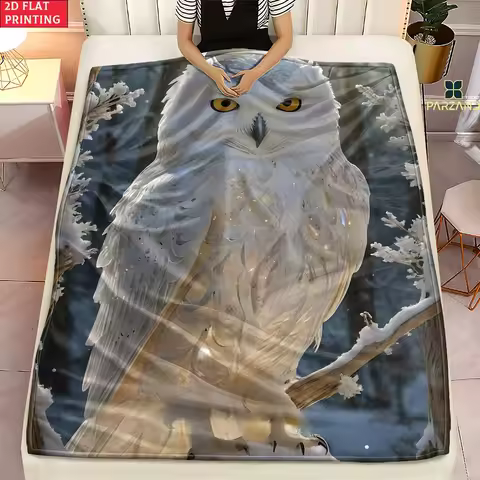 Bed Snowy Owl Winter Blanket Realistic Snowy Owl Winter Blanket Throw Photo Print Nature Forest Cozy
