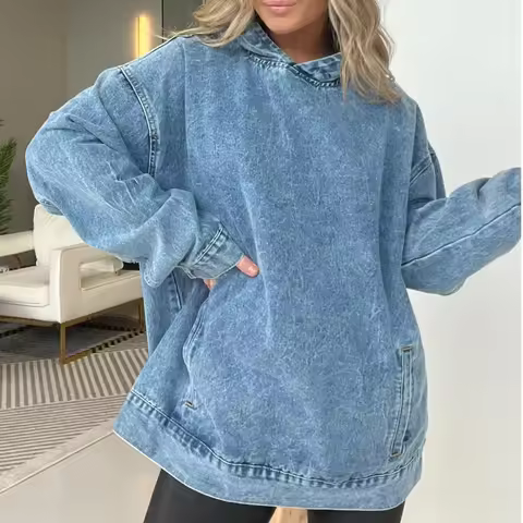 Denim Hoodie Women Sweatshirt Pullover Hooded Y2k Tops Distressed Washed Loose Spring Streetwear 202
