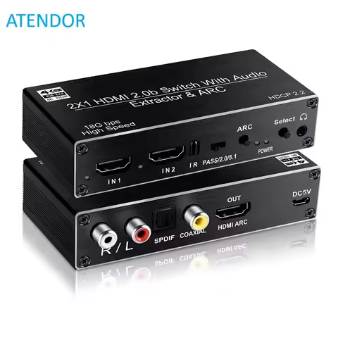 4K 2x1 HDMI2.0b Switch 2 Input 1 Output 4K@60Hz Switcher Box with ARC Remote Optical Toslink SPDIF+C