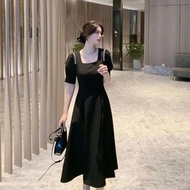 IEF เดรสคลุมเข่าแขนพองคอสี่เหลี่ยมหรูหราสำหรับผู้หญิง