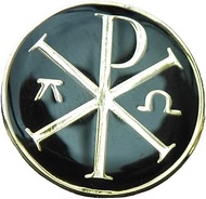 Chi-Rho with Alpha-Omega Pin Badge, Christian Symbol Brooch, Black and Gold Finish