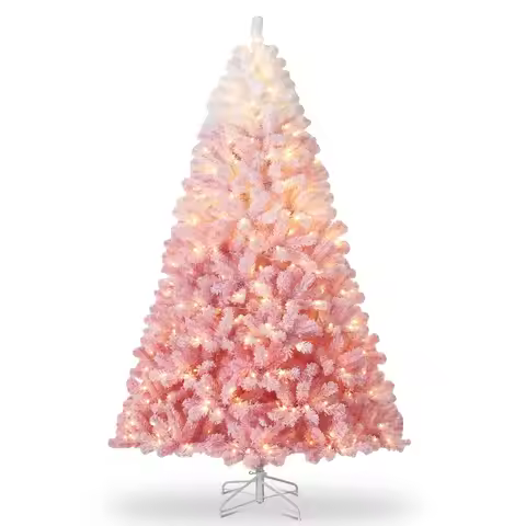 6FT/7.5FT Pre-Lit Pink Ombre Snow-Flocked Artificial Christmas Tree Warm White LED Lights - 9FT Real