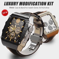 Luxury Modification Kit Steels Case Leather Strap and case compatible for Apple Watch 44mm 45mm Iwatch Series 8 7 6 SE 5 4