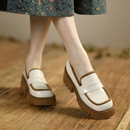 2023 New Square Head รองเท้าหนังผู้หญิงผู้หญิงหนา Soles Loafers สไตล์รองเท้าส้นสูงการจับคู่สี Vintage Mary jane