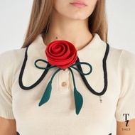 TandT - RED ROSEN TIE - ROSE HAND-CRAFTED PIN AND TIE ไทด์ดอกกุหลาบ ปลายสายเป็นเส้นใบไม้ สำหรับผูกตก