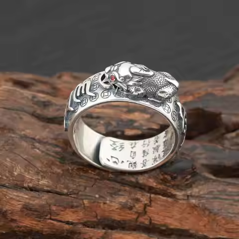 Real S925 Sterling silver retro adjustable ring Feng Shui Amulet Lucky Fortune Feng Shui Brave brave