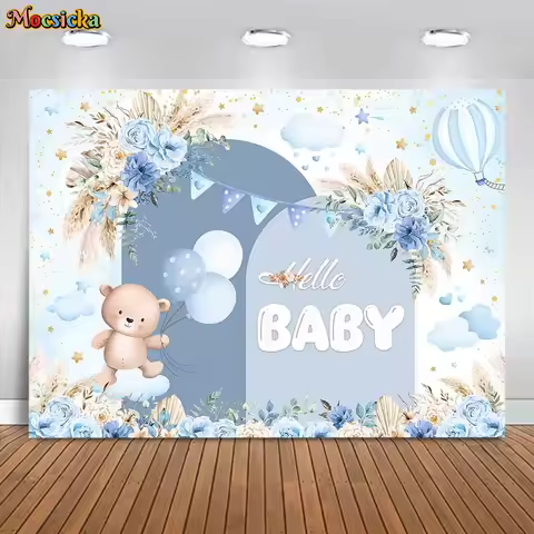 Mocsicka Bohemian Baby Shower Backdrop Bear Blue Flower Pampas Grass Hello Baby Boys Welcome Party D