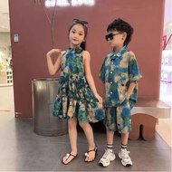 Brothers Sisters Clothes Girls Dresses Boys Suits Sisters Boys Girls Green Big Flower Chiffon Suits