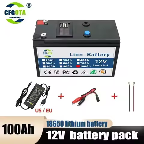 12V Battery 100Ah 18650 Rechargeable LiFePO4 Lithium Battery Built-in 5V 2.1A Usb Power Display Port