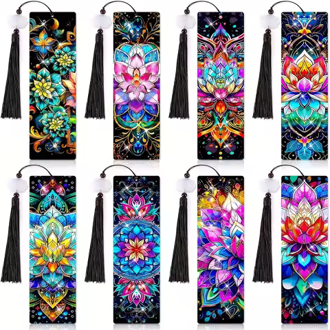 8-piece DIY lotus Diamond painting set bookmarks, acrylic crystal rhinestone bookmarks with pendants
