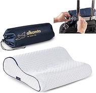 alkamto Travel &amp; Camping Comfortable Memory Foam Pillow – Easy to Carry Portable Bag – Temperature Regulating Pillow Case (White Contour)