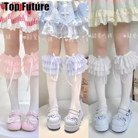 Lolita Multi 6 Layers Bow Lace Ruffle Stocking Y2K Girl Socks Female Long Stocking Uniform Calf Sock