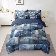 7 Pcs Blue Gray Checkered Bed in a Bag Twin Size 3D Geometry Grids Bedding for Boys Girls Navy Blue 