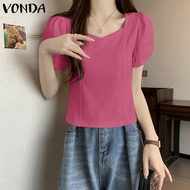 VONDA เสื้อยืดคอกลมแขนสั้นมีปกสี่เหลี่ยมสไตล์ผู้หญิงเสื้อสีทึบจีบกันเป็นลอนเสื้อเบลาส์ (ลายดอกไม้เกาหลี)
