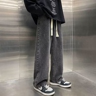 秋季新品牛仔褲男寬鬆潮牌純色直筒垂感百搭青少年褲子2025-黑灰色 S