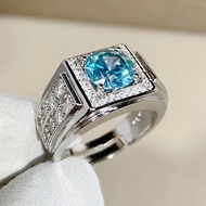 Open PT950 Platinum Plated Hearts Arrows Blue Green Zircon Men's Ring