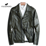 Fuguiniao ผู้ชายรถจักรยานยนต์วินเทจเสื้อแจ็คเก็ตหนังลำลองผู้ชายฤดูใบไม้ร่วงออกแบบ BIKER กระเป๋า PU แ