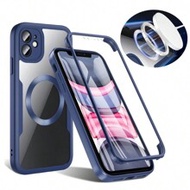 1pc Blue Magnetic Phone Case With Built-In Screen Protector, [Wireless Charging Compatible] 360° Ful