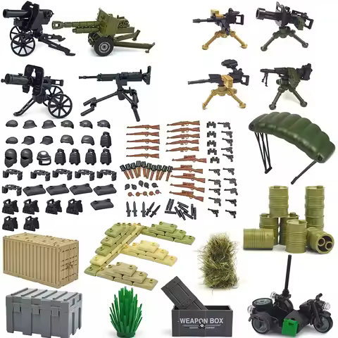 WW2 Guns Cannon Sandbag Boat Helmet Accessories Figures Building Blocks Guns Box Army Soldier German