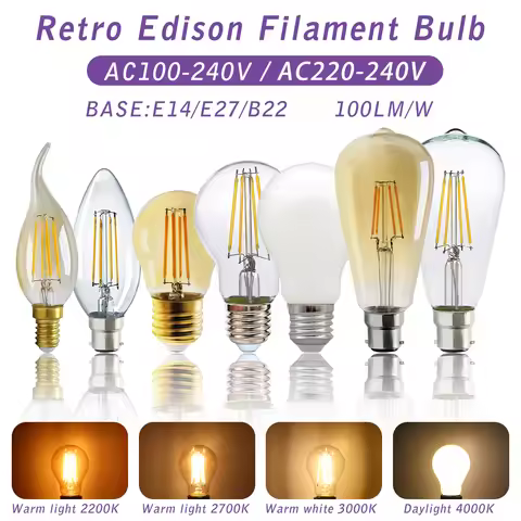6PCS Led Filament Edison Bulb E27 B22 E14 G45 A60 G80 G95 4W 6W Vintage Led Lamp 2700K 4000K Warm Wh