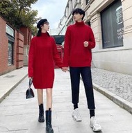 韓國 情侶裝 高領紅色針織毛衣 長袖洋裝 粗麻花針織 長版毛衣 寬鬆 針織洋裝 針織毛衣 聖誕節 過新年穿搭 婚紗便服