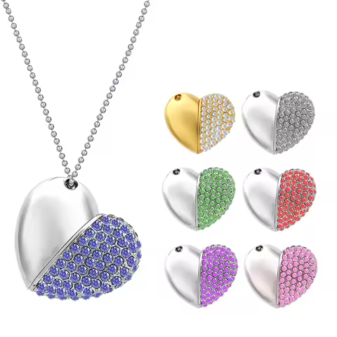 1pcs metal diamond love heart shape USB Flash Drives hearts with chain pendrive 4GB 8GB 16GB 32GB 64