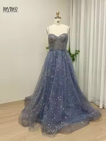 MYMB Luxury Exclusive Blue Sweetheart Neck Girls Birthday Party Dresses Beaded A-Line Tulle Illusion