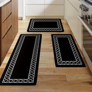 TEMU 3pcs Geometric Pattern Kitchen Mat Set - Black & White Braided Weave Rugs For Entryway, Living